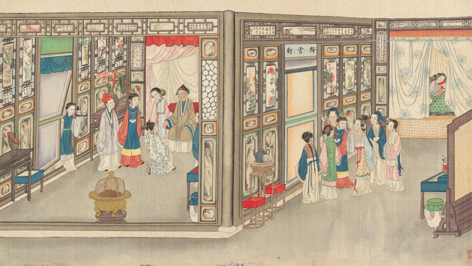 A painting from a series of brush paintings by Qing Dynasty artist Sun Wen, depicting scenes from the novel Dream of the Red Chamber - by Sun Web (1818-1904)