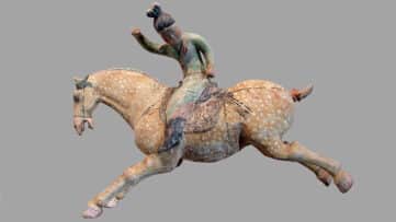 Sculpture of horse with young woman polo player astride, terracotta, Tang Dynasty - from Musée Guimet.