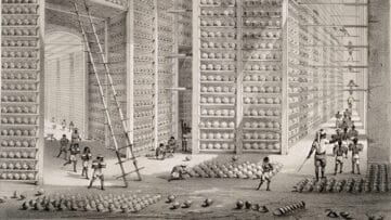 A busy stacking room in the opium factory at Patna, India.