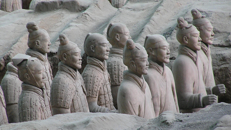 Qin dynasty soldiers from the Terracotta Army of Qin Shi Huang's mausoleum, located near Xi'an