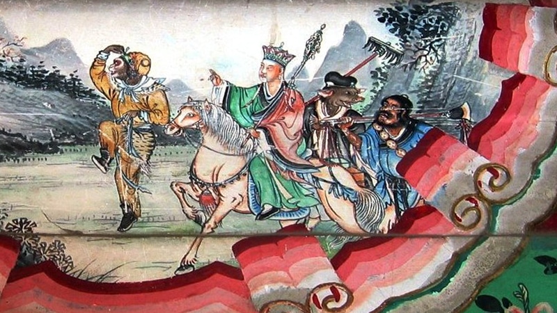 Photograph of painting depicting a scene from the Chinese classic Journey to the West with the four characters. By Shizhao.