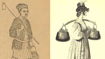 Side by side depictions of an Asian woman and European woman from 1500s