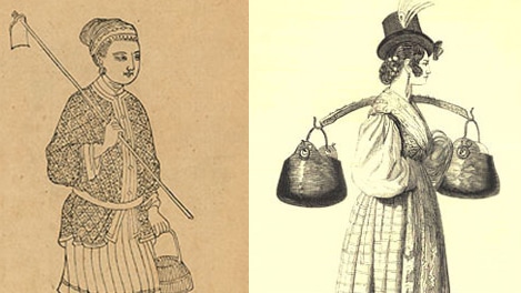 Side by side depictions of an Asian woman and European woman from 1500s